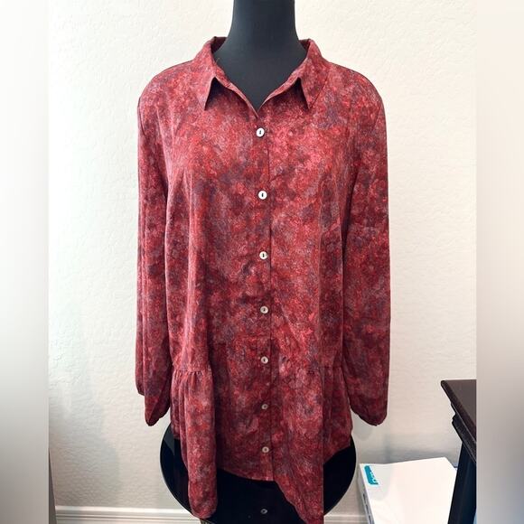 LOGO LORI GOLDSTEIN | Red Button Front Blouse Long Sleeve Flowy Tunic Top | XL - Picture 2 of 6
